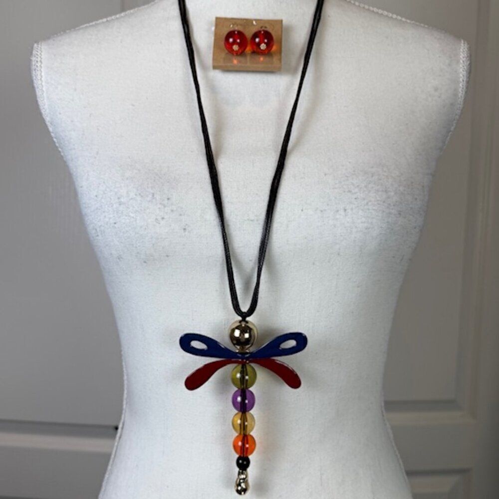 NWT Dragonfly Statement Necklace and‎ Earrings Set Multicolor w/Gold Tone